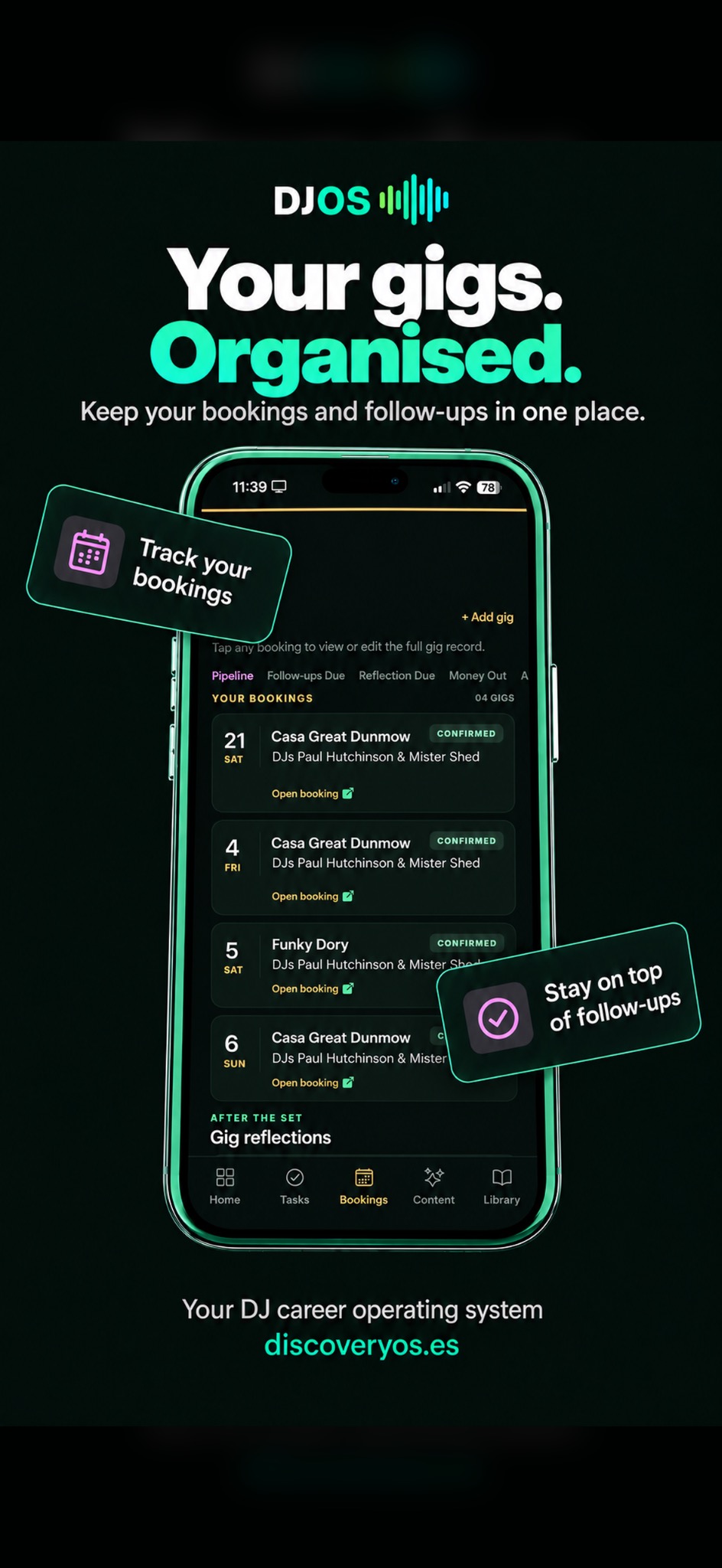 DJOS app bookings screen showing a DJ booking pipeline