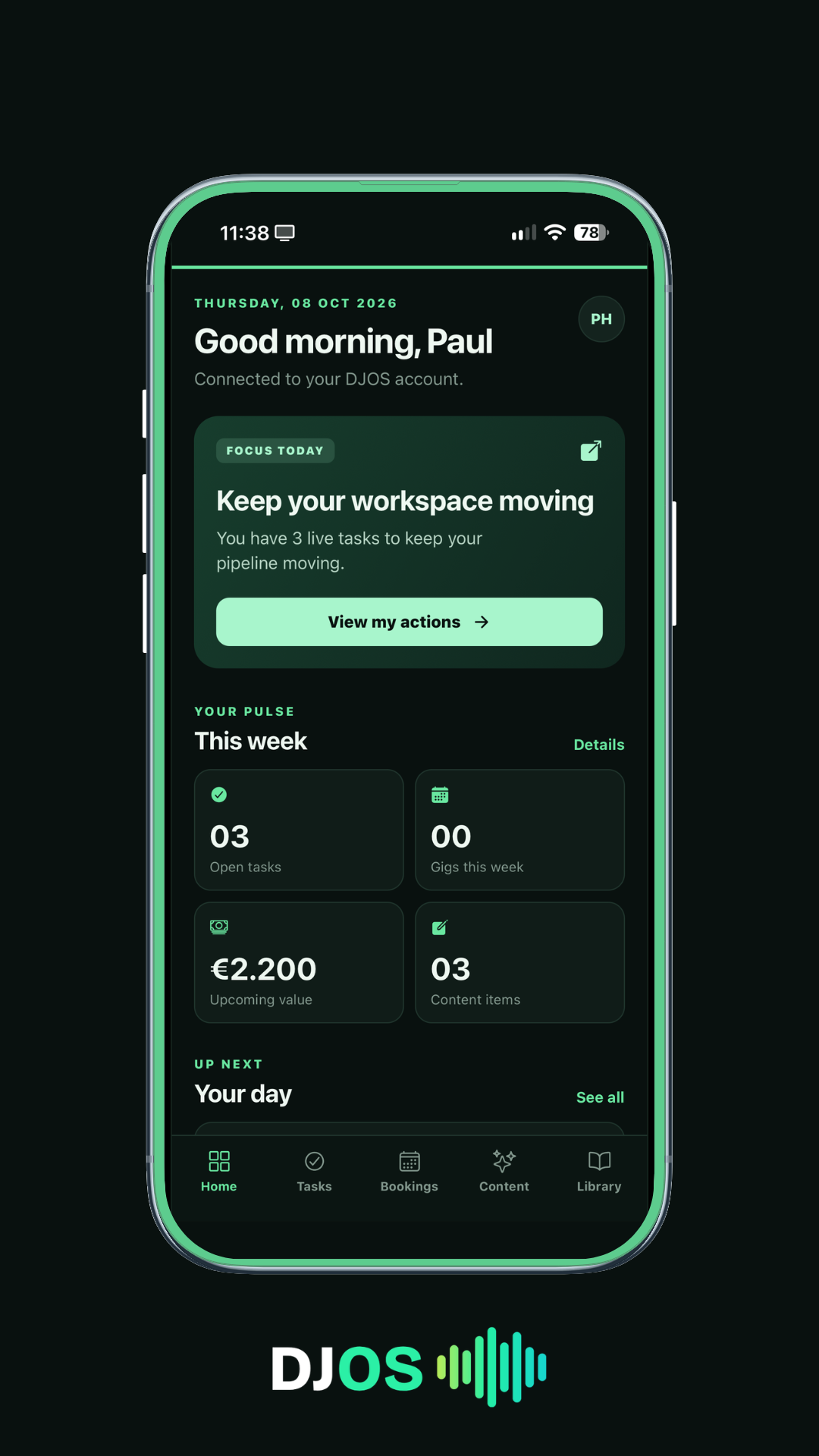 DJOS app home screen showing tasks, bookings and content overview