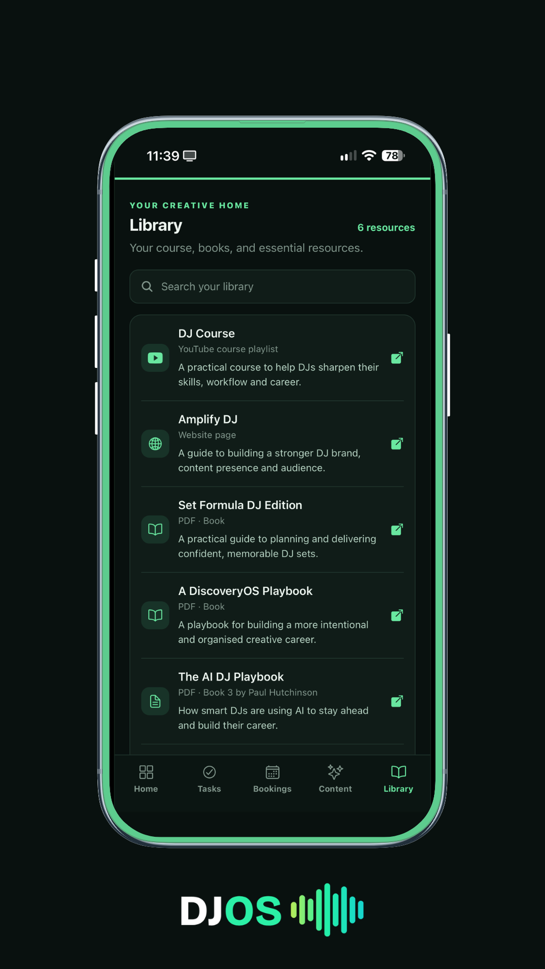 DJOS app library screen showing DJ courses and resources