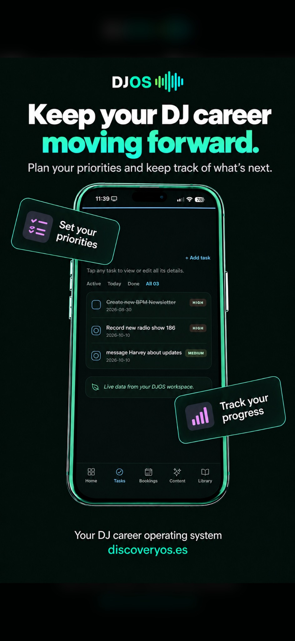 DJOS app tasks screen showing priorities and progress